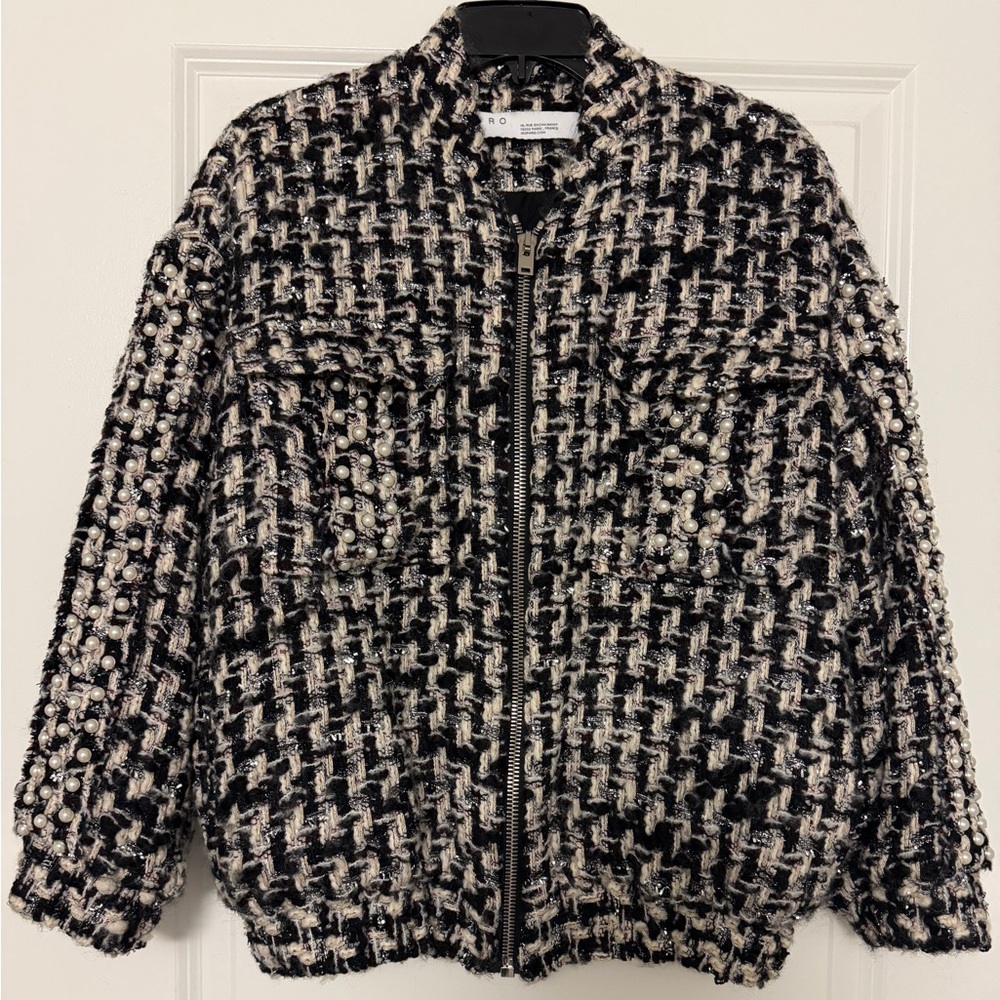 IRO Switch Zip Up Oversized Boucle Tweed Faux Pearl Bomber FR 34